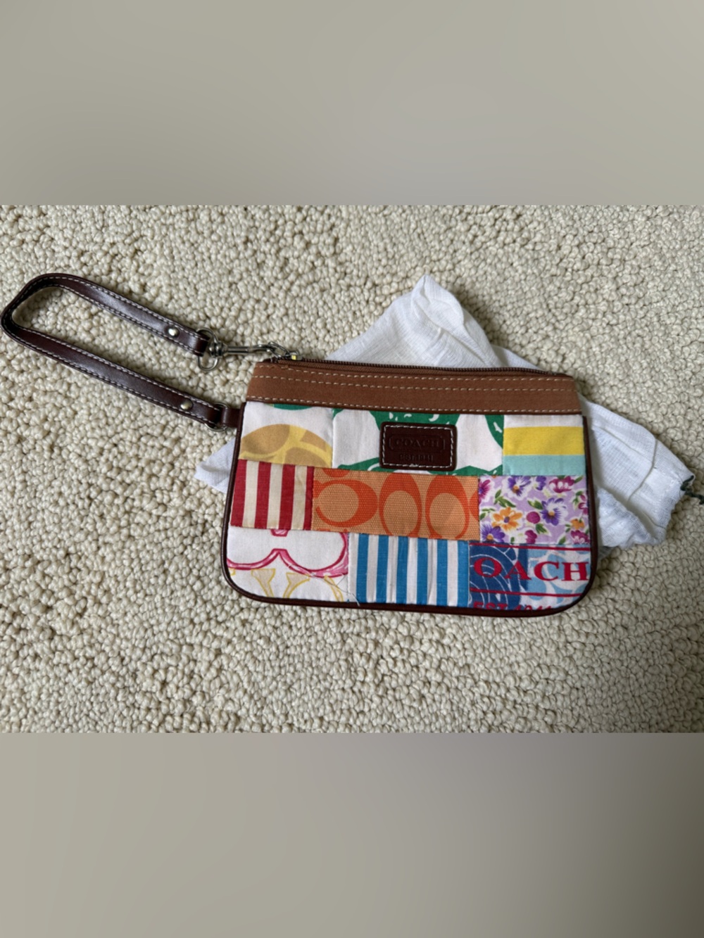 Coach Multicolor Patchwork Canvas Wristlet with Brown Leather Trim